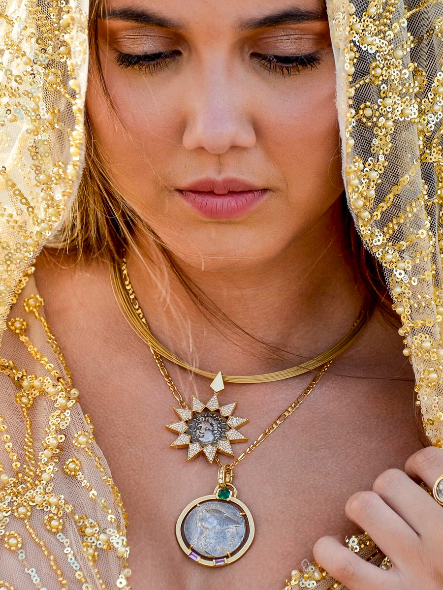 Rhodes Diamond Sunburst & Gold Cable Necklace